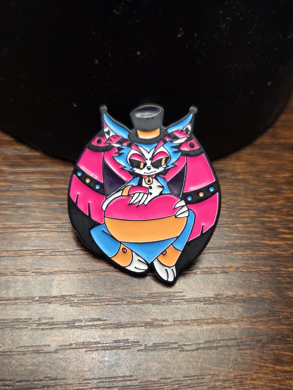 Pink & Blue Cat Heart Enamel Pin with Top Hat Hazbin Hotel Tv Show
